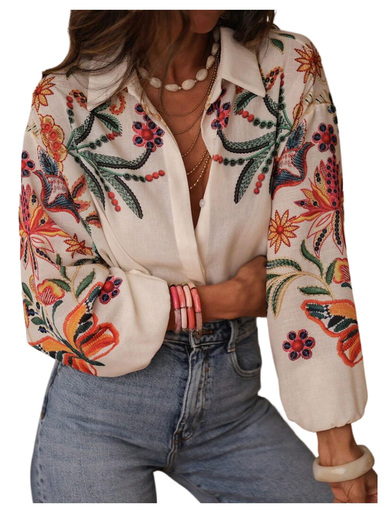 SHENHE Women's Button Down Shirt Lantern Sleeve Tropical Floral Boho Blouse Dressy Top