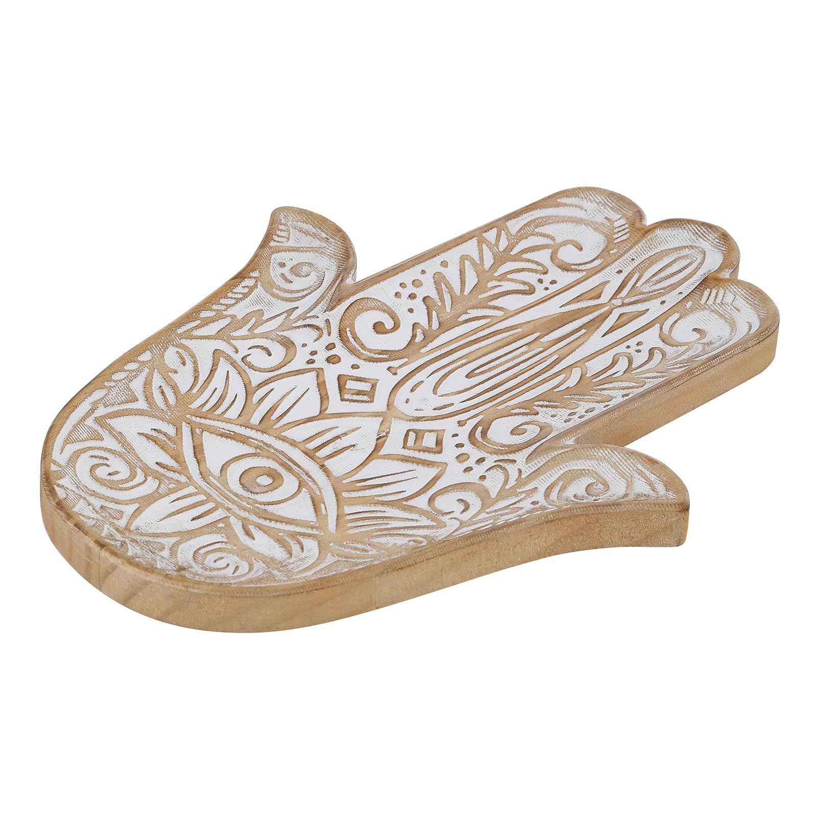 FESTWIND Wooden Engraved Bohemian Decor Tray, Hamsa Jewelry Trinket Key Holder Organizer, Farmhouse Boho Home Decor Hand of Fatima Shaped Tray