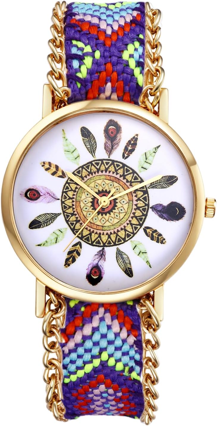JewelryWe Bohemian Weave Bracelet Watch - Handmade Ethnic Style Adjustable Braided Boho Wristwatch for Women Ladies