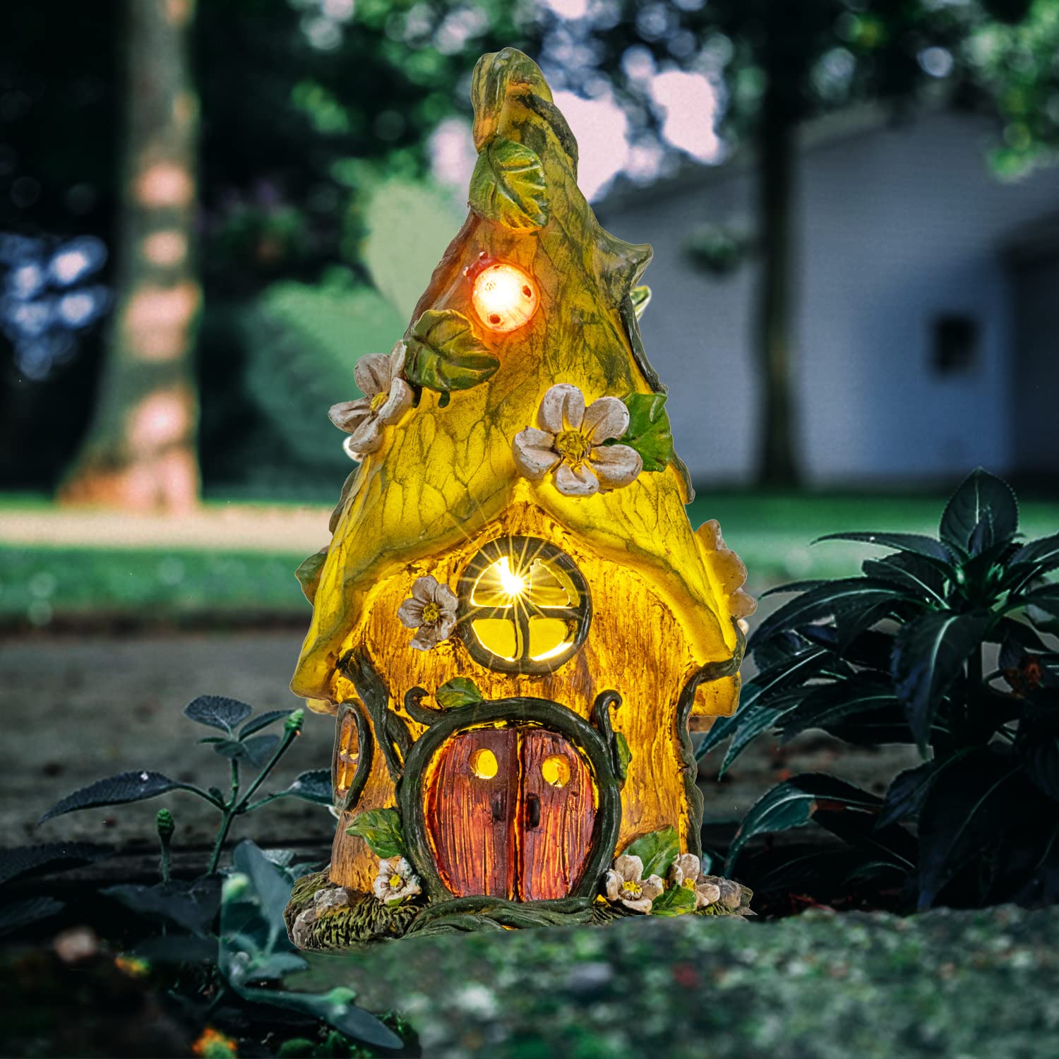 AIINY Solar Garden Decor Statues 11Inch Big Resin Gmone Houses Sculptures Spring LED Green Decorations for Outdoor Patio Yard Farmhouse Easter St Patricks Day Gift