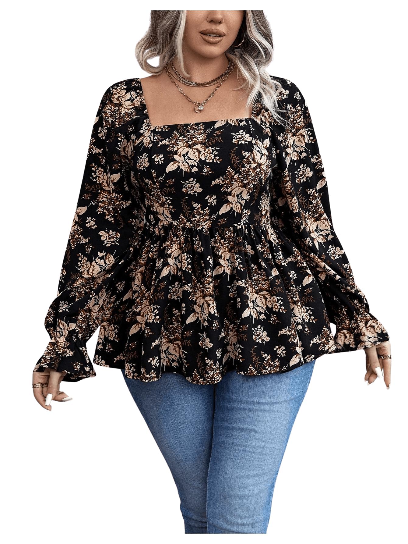 WDIRARA Women's Plus Size Floral Print Square Neck Flounce Long Sleeve Blouse Boho Peplum Top