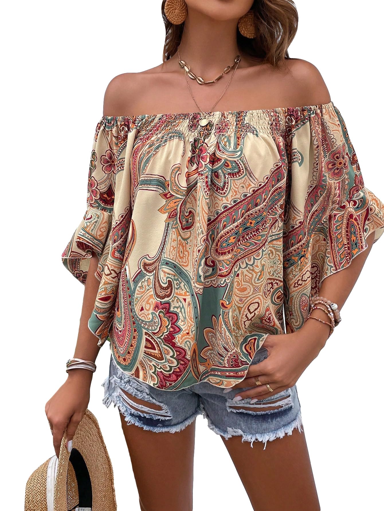 Floerns Women's Off Shoulder Flounce Sleeve Boho Printed Summer Blouse Top