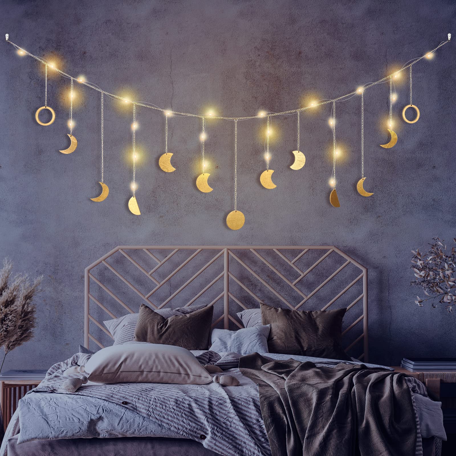 Moon Phase Wall Decor With LED String Light - Gold Hammered Wood Boho Hanging Mood Garland, Celestial Phases in Bohemian Style for Bedroom, Home, Living Room Gift