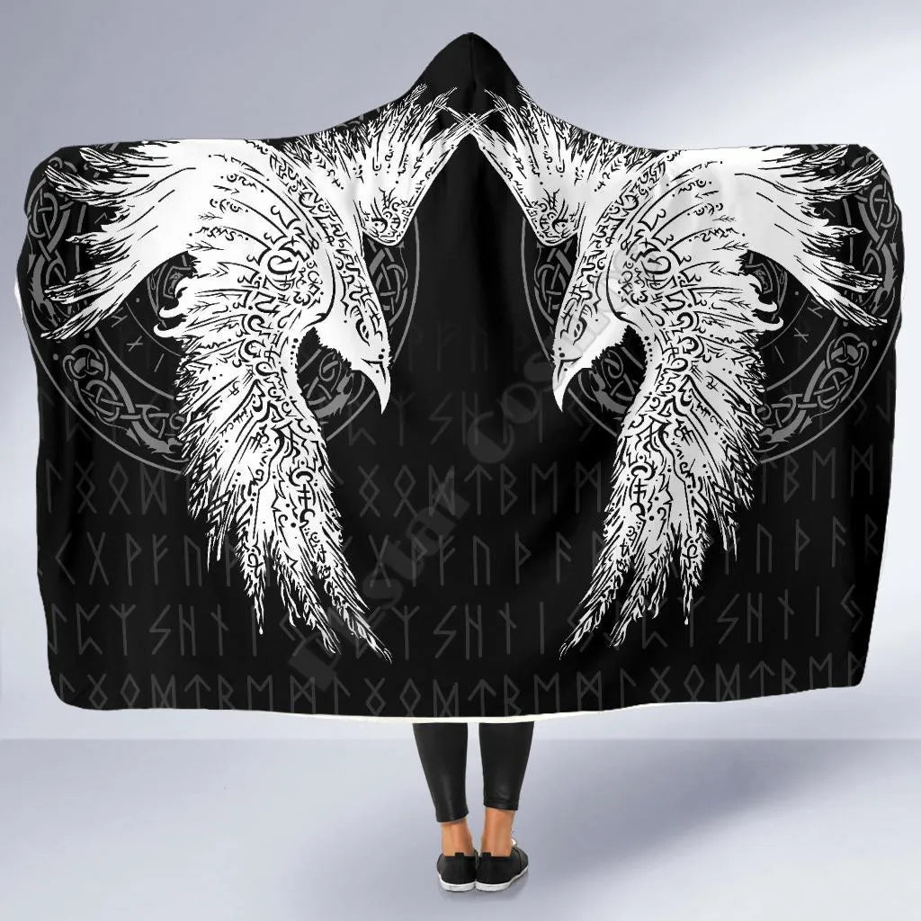 Viking Style Economy Hooded Blanket Mystical Raven Tattoo Special Wearable Blanket Adults For Kids Hooded Blanket Fleece blanket