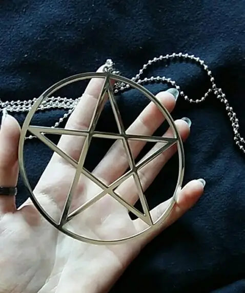 Big Large 4'' High Polished Pentagram Pentacle in Circle Stainless Steel Necklace with 4mm 32'' Chain Wiccan Pagan friends Gifts