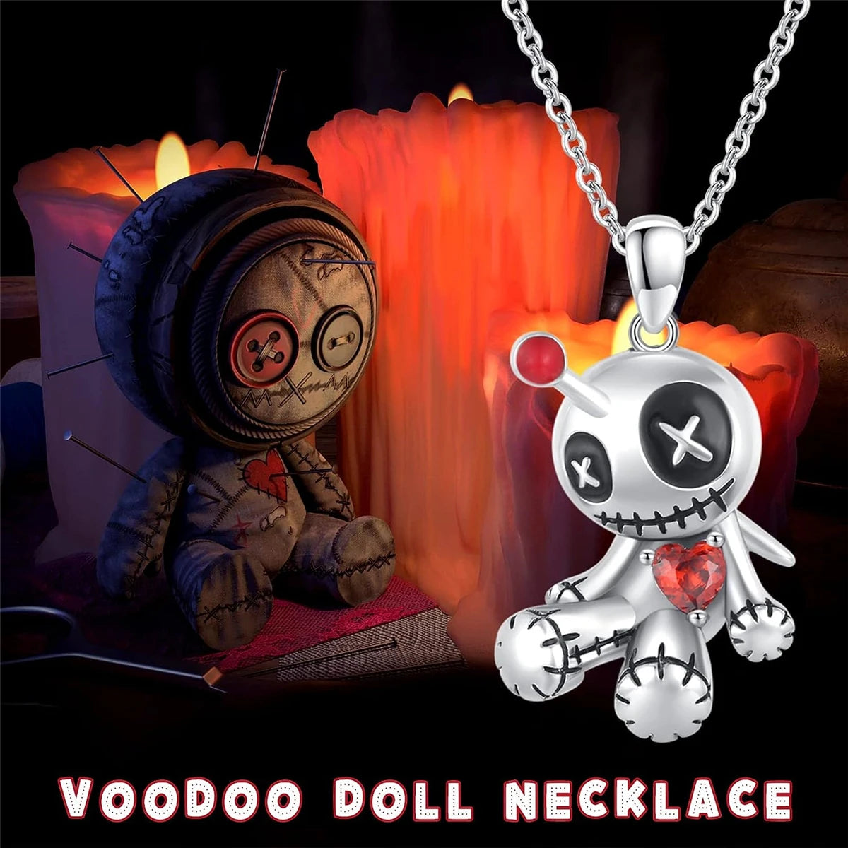 Creative Cartoon Voodoo Doll Red Heart Pendant Necklace for Girl Thriller Trendy Necklace Jewelry Accessories Halloween Gifts