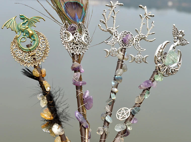 Amethyst witch wand moon viking dragon feather magic wand ceremony altar props fairy wand energy gift wicca accessories