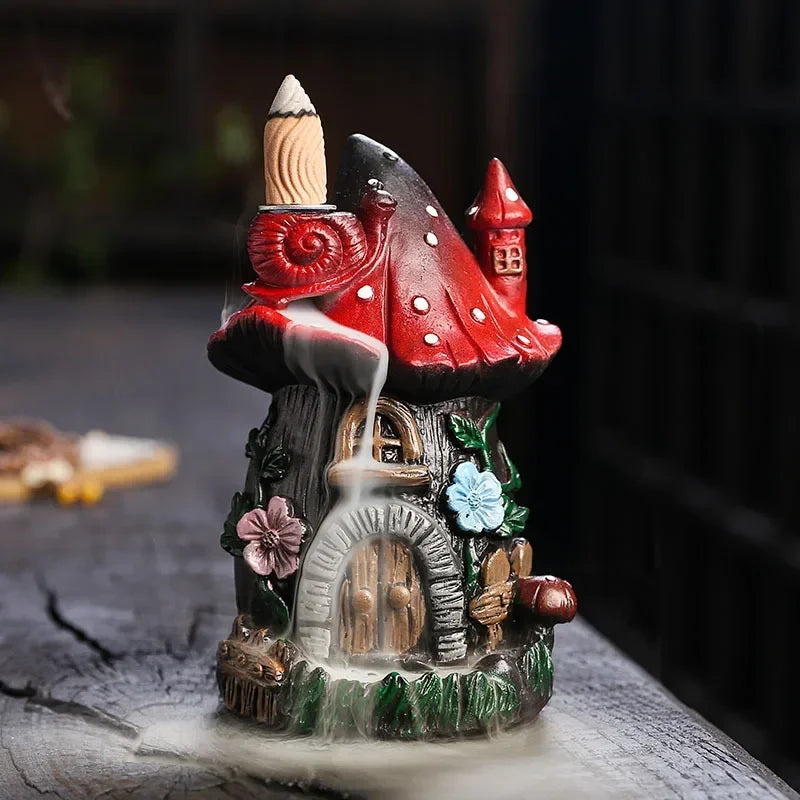 1pc Mushroom House Resin Handicraft Home Ornaments Backflow Incense Burner (Without Incense Cones)