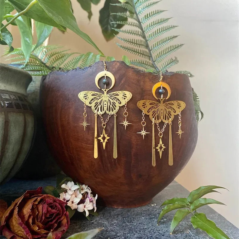 Luna Moth Earrings, Tahitian Pearl Crescent Moon Hippie Jewelry Bohemian Earrings Fashion Jewelry Women Gift Statement