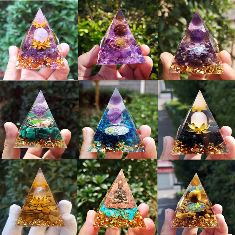 6CM Energy Generator Pyramid Amethyst Peridot Healing Natural Crystal Reiki Chakra Generator Orgonite Pyramid Meditation Tool