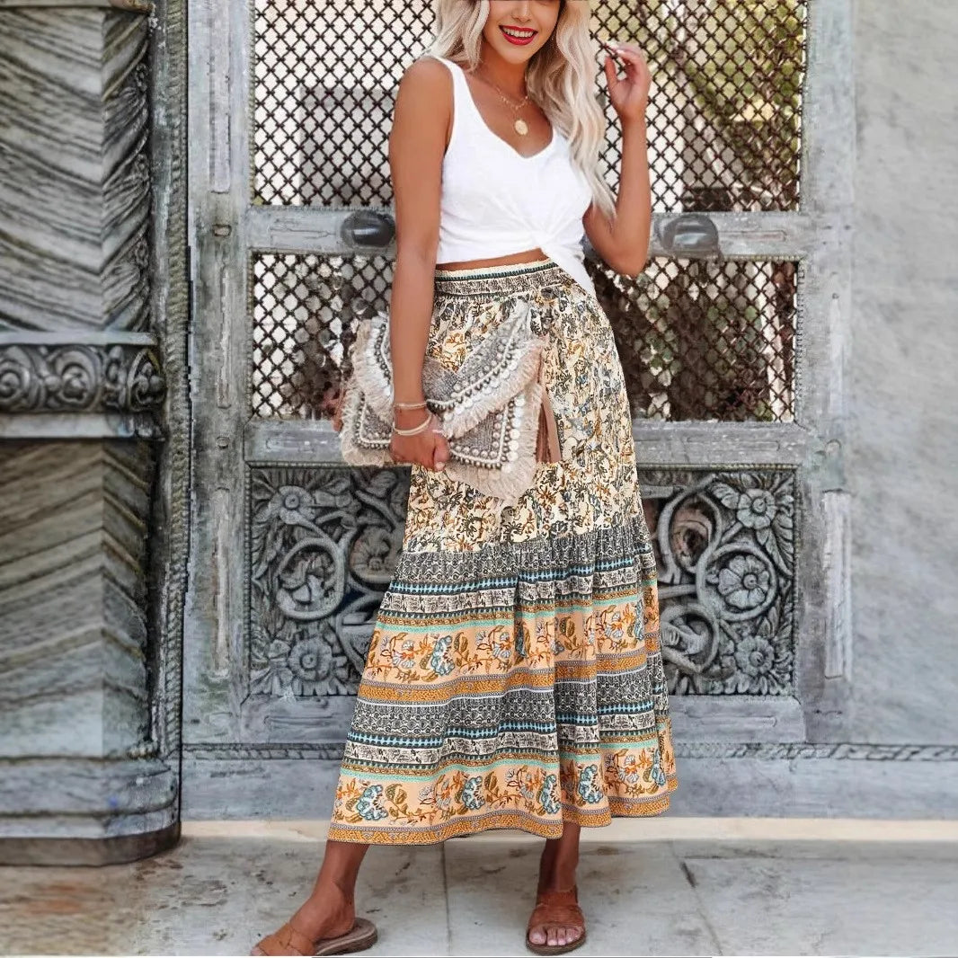 Hippie Queens Women Gothic Floral Peacock Printed High Elastic Waist Beach Bohemian Skirt Ladies A-Line Midi Boho Skirts
