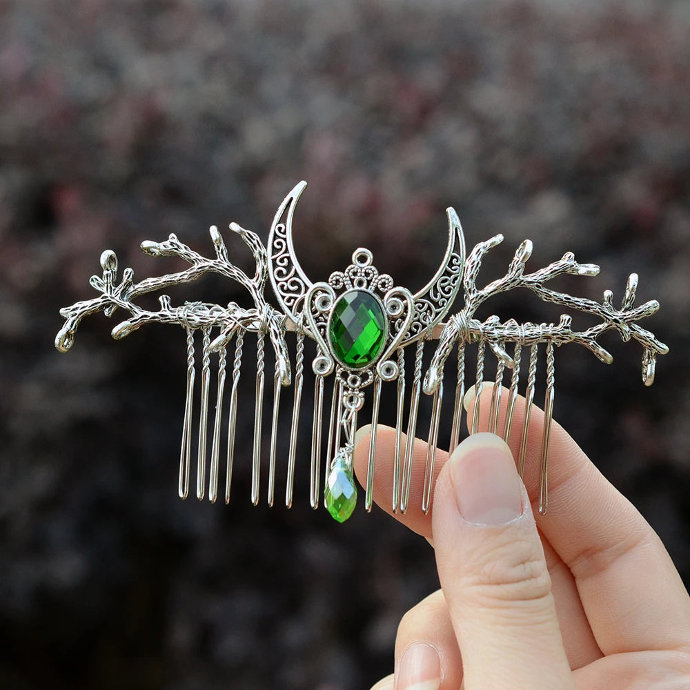 Forest Branch Crystal Crescent Moon Haircomb Witch Hairclip Pagan Elf Hair Jewelry for women