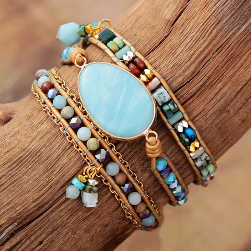 Kaseakia Bohemian Boho Natural Stone Hand Woven Leather Adjustable Beads Beaded Bracelet for Women Fashion