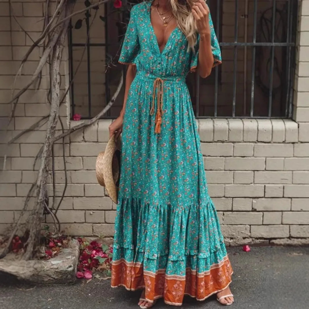 Happie Queens Fashion Women Floral Print V-neck  Rayon Cotton Beach Bohemian Dresses Ladies Tassel Summer Boho Maxi Dress