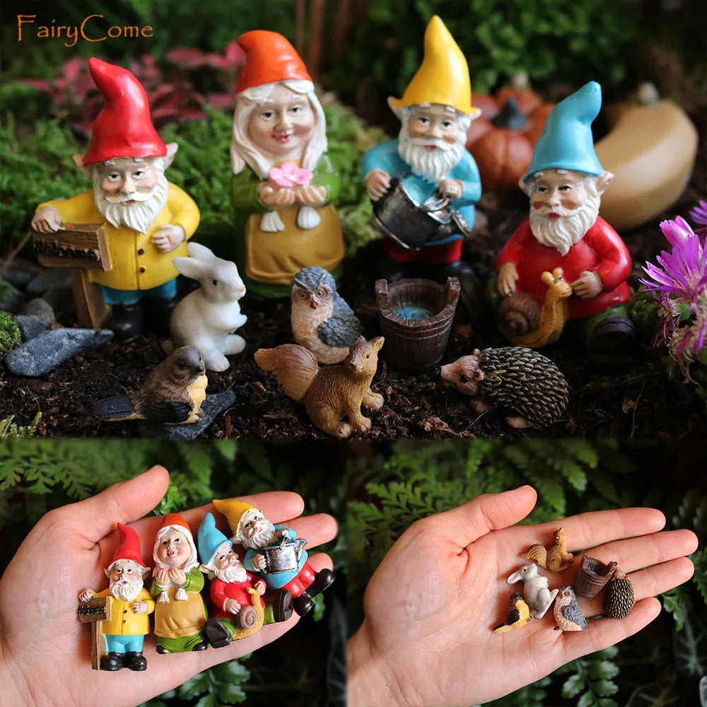 Miniature Fairy Garden Gnomes Figurines Set Resin Animals Mini Small Funny Dwarf Decorations Statues Ornaments Collection Indoor