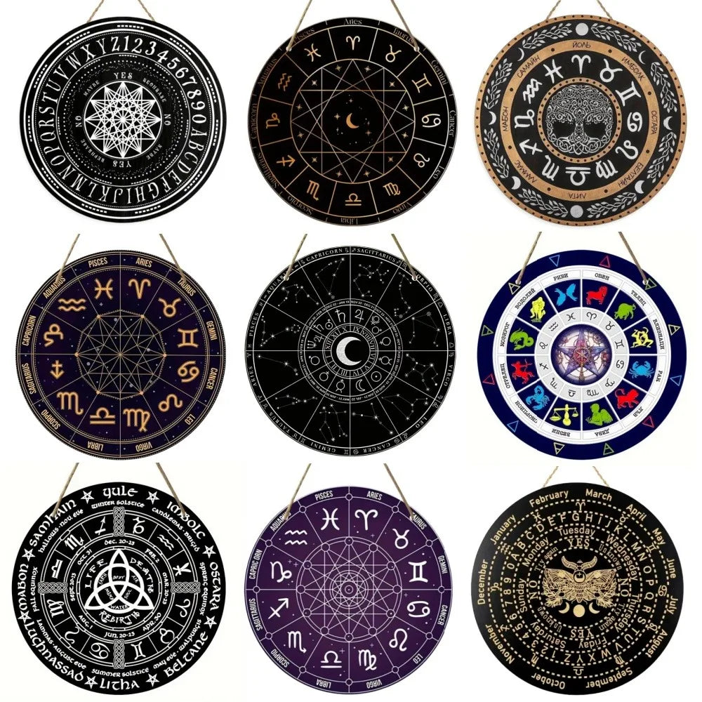 Mystical Astrology Round Wooden, Zodiac or Constellation Signs, Hanging Wooden Plaque, Home Room Bar Cafe Garage Wall Decoration