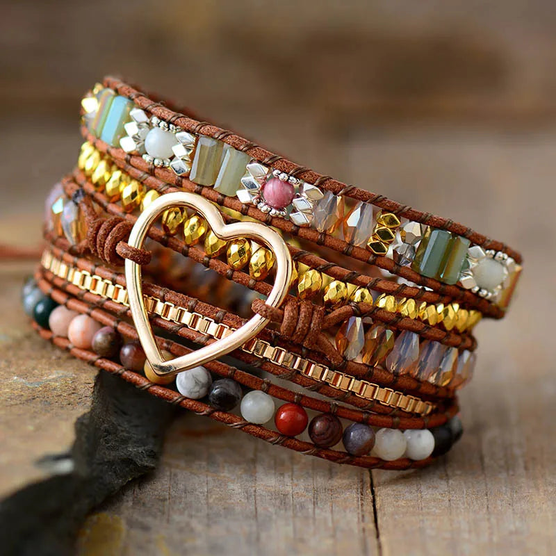 kaseakia bohemian boho heart Stone Crystal beads Hand Woven Multi Layer Wrapped adjustable Beaded Bracelet for women fashion