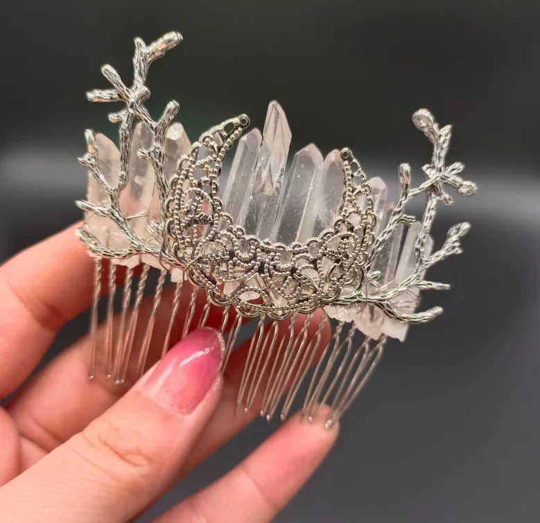 Witch Forest Elf Natural Quartz Haircomb Goddnes Occult Hair Jewelry Hairband for Women