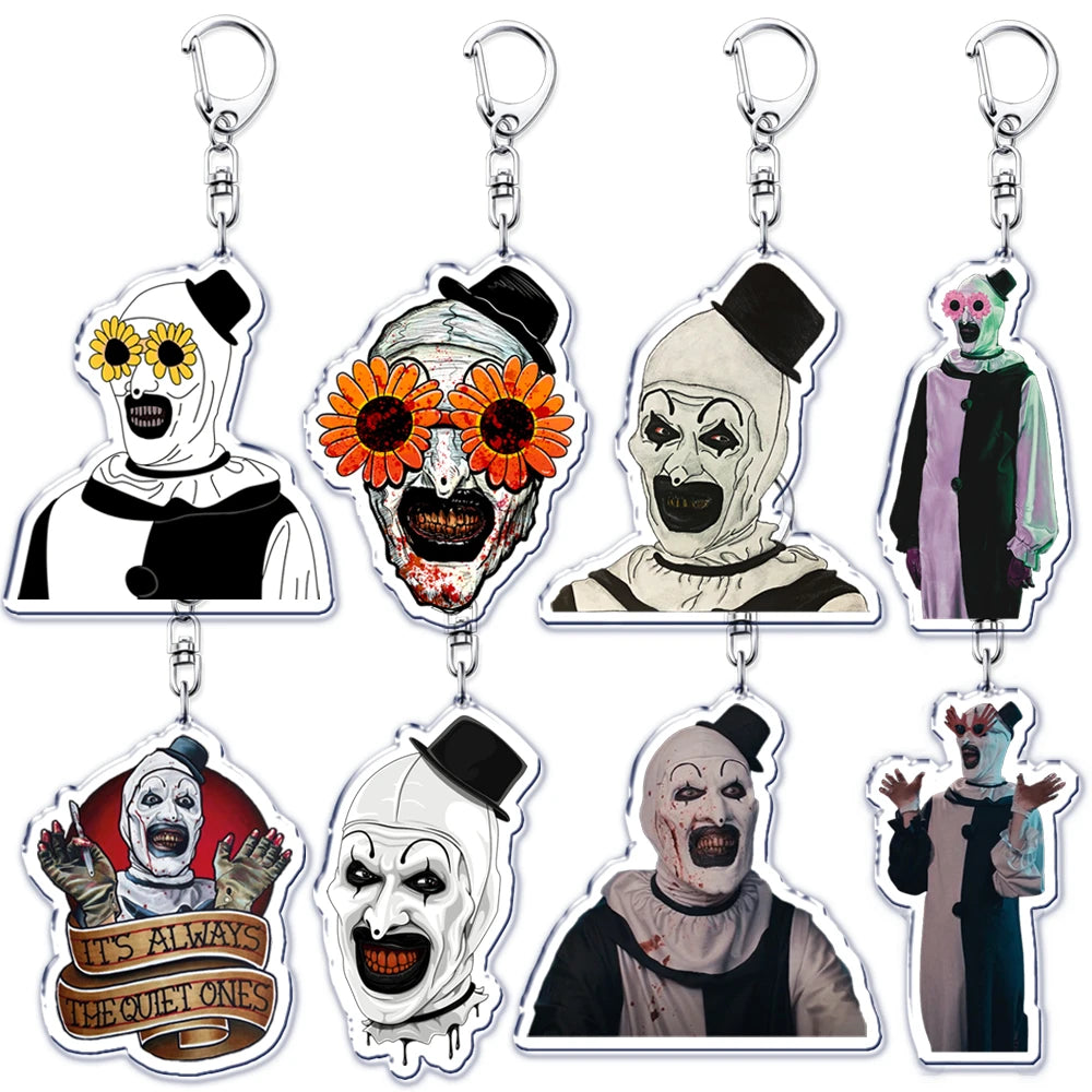 Horror Movie Terrifier Art The Clown Keychains Keyring for Accessories Bag Sunflower Glasses Clown Key Chain Jewelry Fans Gifts