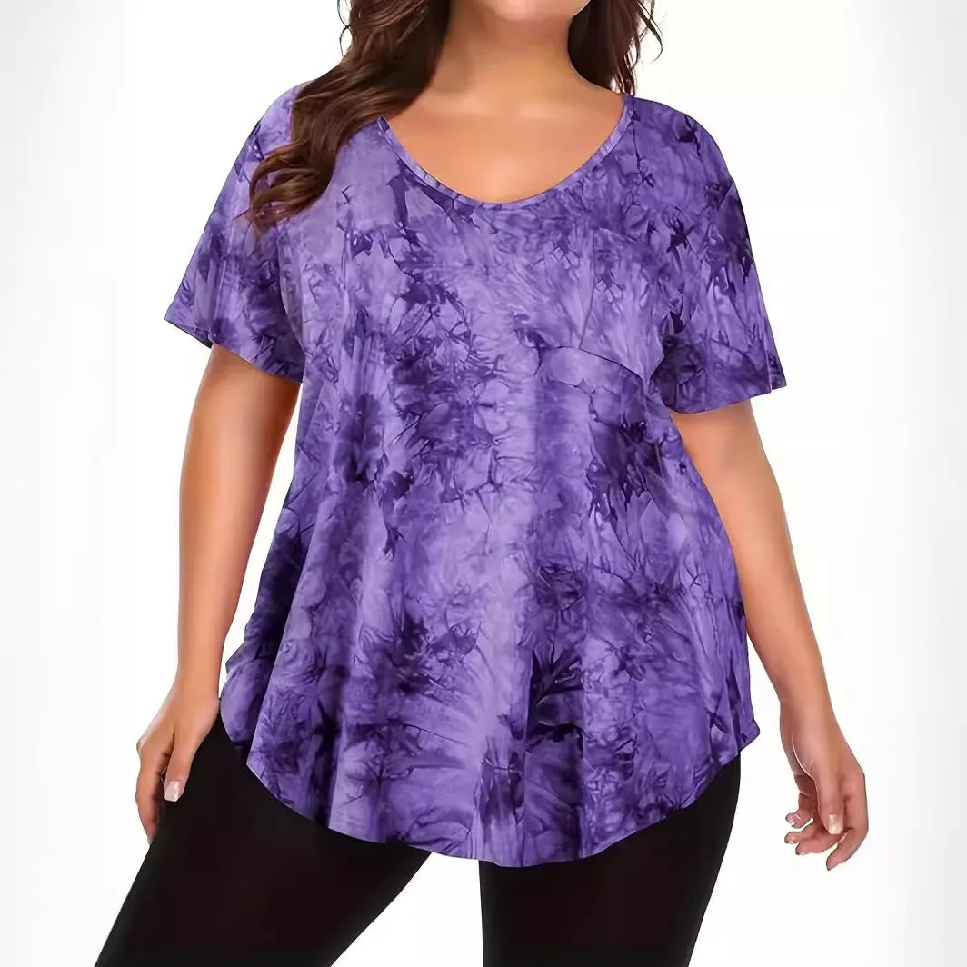 5XL Plus Size Woman Clothing Short Sleeve Tie Dyed Large Women's T-shirt Casual Fashion Pockets V Neck Tops Big Size Female Tops