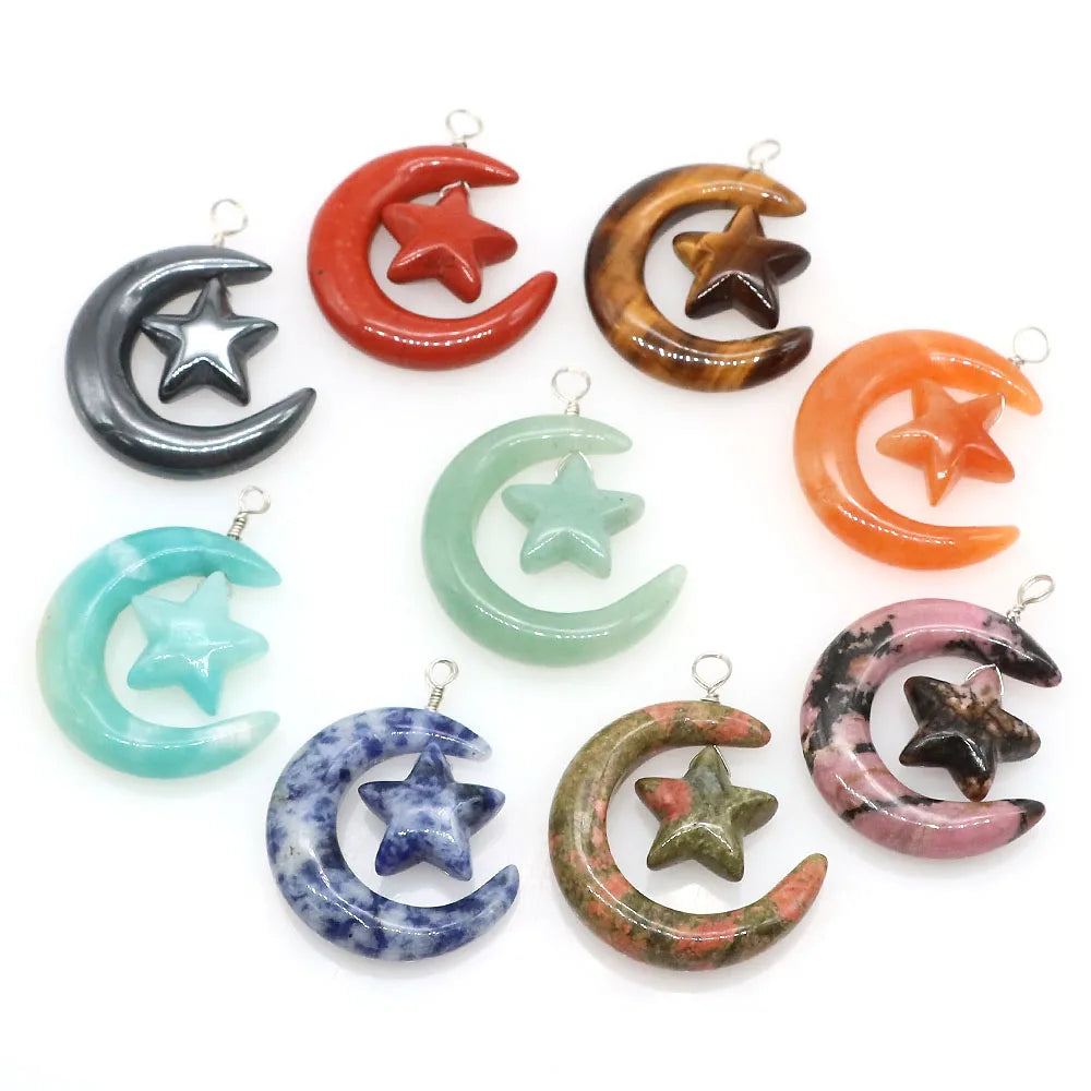 30mm Natural Stone Crescent Moon Star Pendant Reiki Healing Crystal Gemstone Lucky Charm for DIY Necklace Jewelry Making