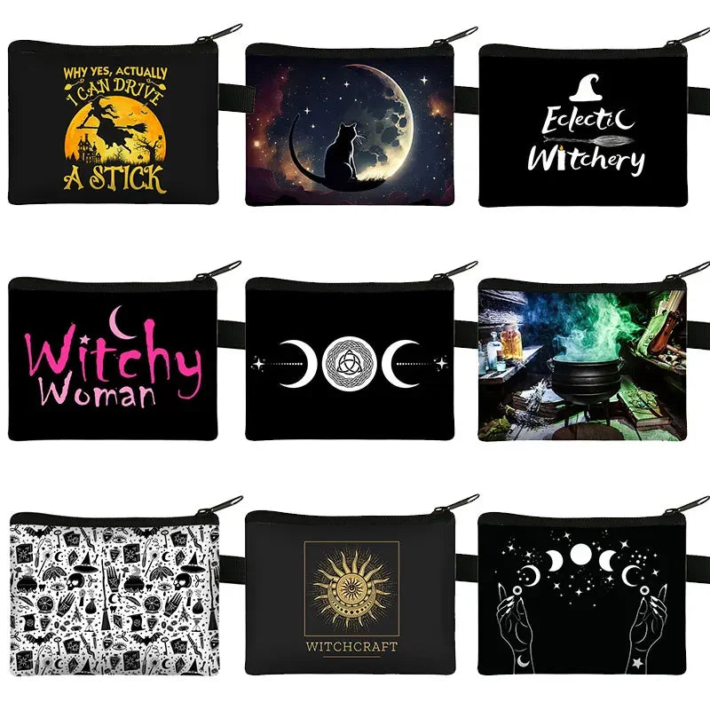 Witchy Woman Coin Purse with Moon Star Money Coin Bags Magical Hat Furnace Moon Cat Credit Card Handbag Witchcraft Small Wallets