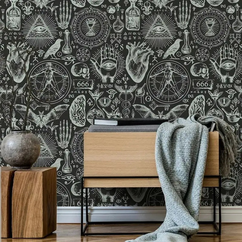 Witchcraft Wallpaper,Dark Black Background Peel and Stick Wallpaper Roll,Mystical Allure,Traditional Non-Woven Paper Wall Art