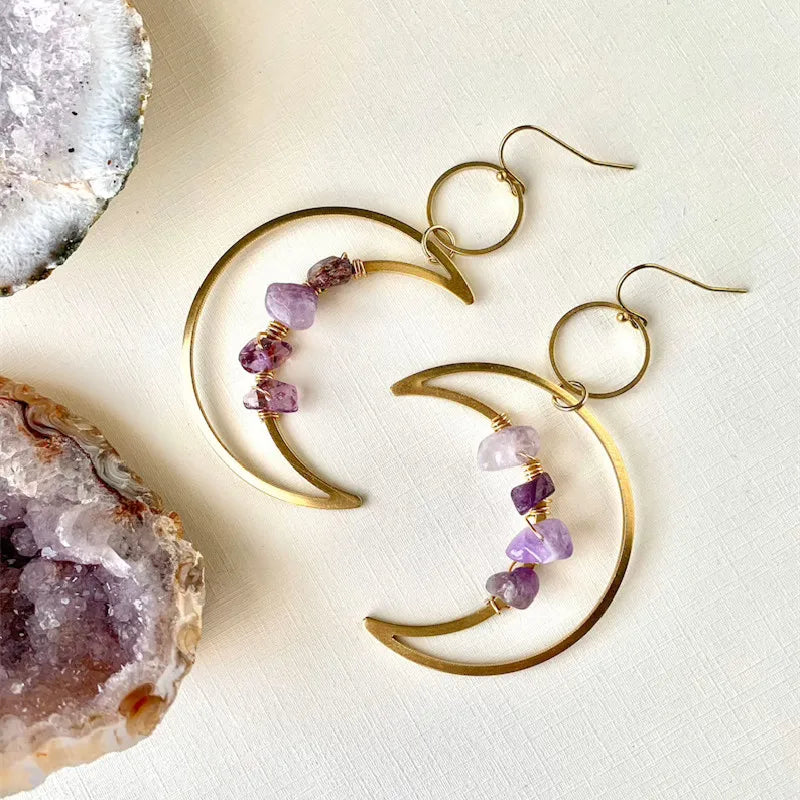 Moon phase earrings Crescent moon Space Sun and moon Genuine amethyst Witchy Boho Hippie jewelry fashion women gift 2022 new