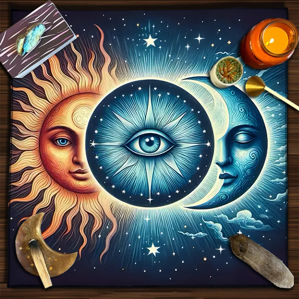 Blue Sun and Moon Tarot Card Tablecloth Divination Altar Cloth Pagan Table Cloth For Tarot Mat Witch Wiccan Home Decor Card Pad