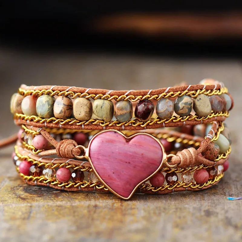 Kaseakia Bohemian Boho Heart Shaped Hand Woven 3-layer Leather Natural Stone Beads Beaded Bracelets for Women Fashion Jewelry