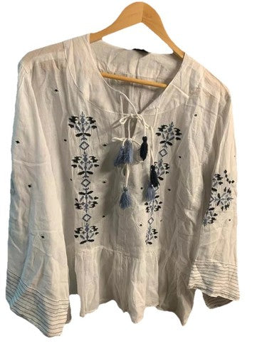 LONG SLEEVE TOP BLOUSE PLUS SIZE WOMEN WHITE BLUE BOHO STYLE  1X 2X summer