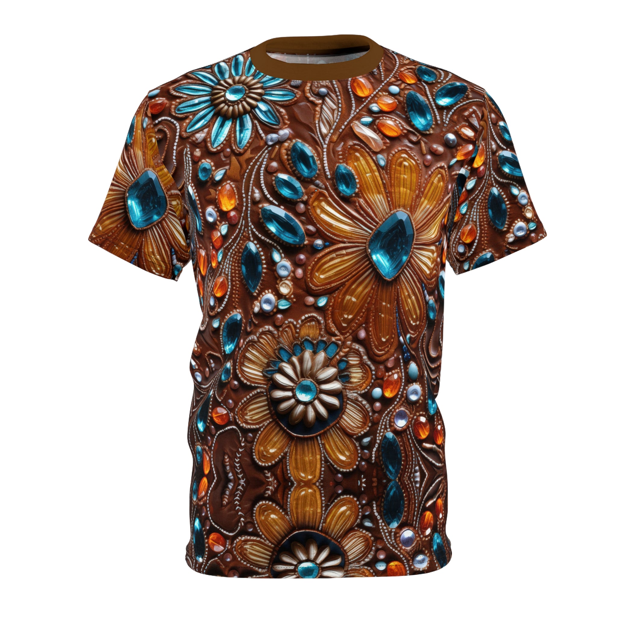 Faux jewel toned t-shirt on white background.