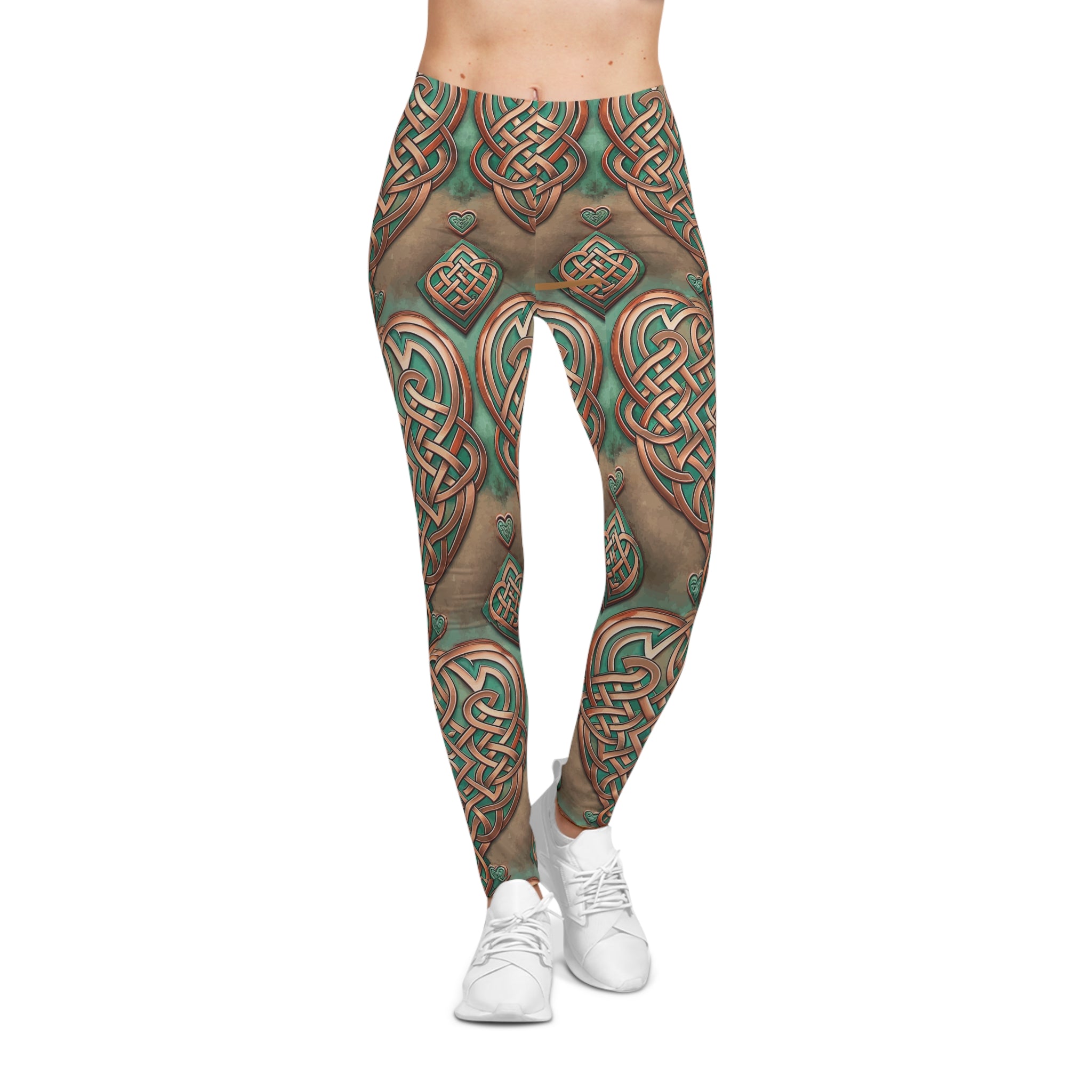 Leggings with Celtic knot pattern worn by a person on a white background