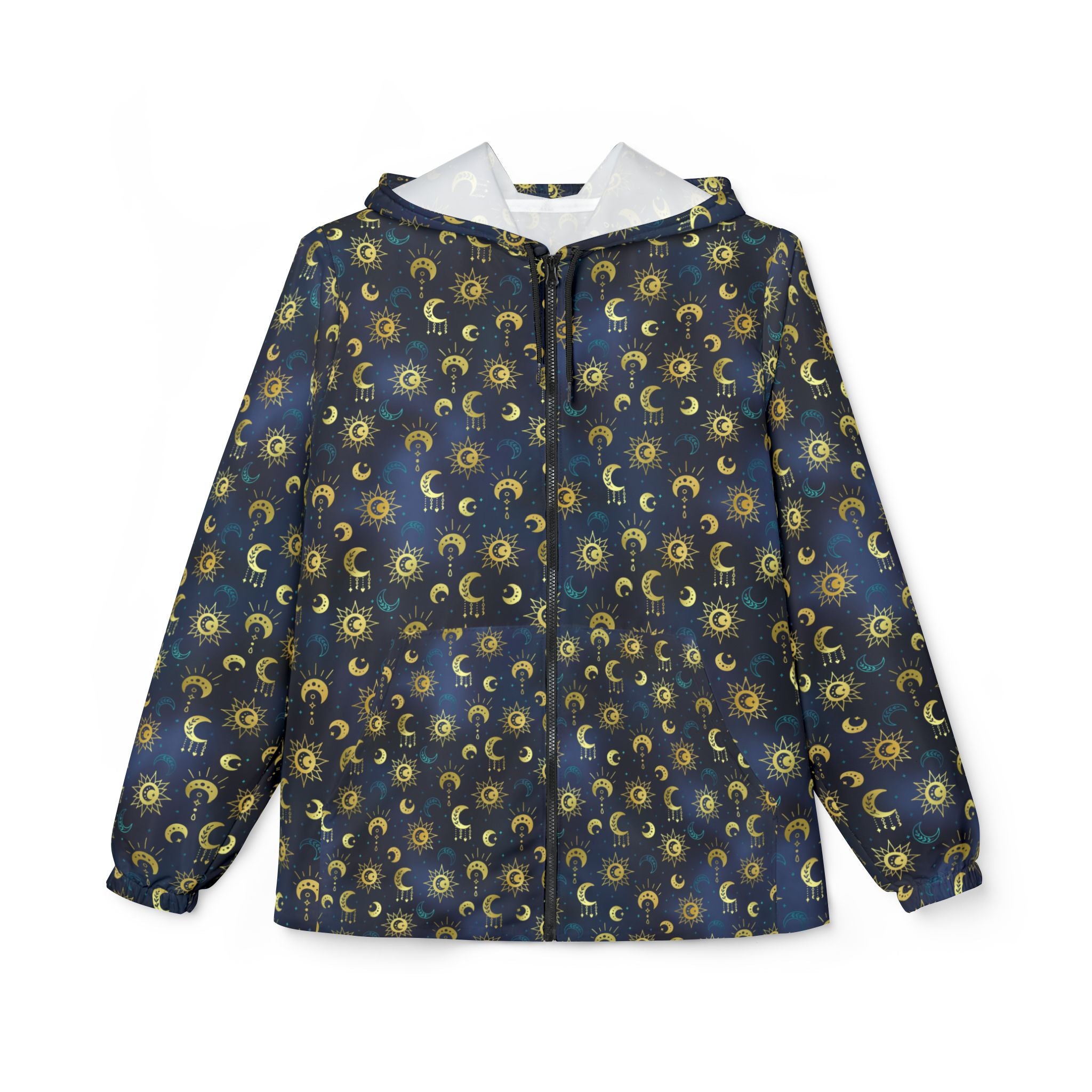 Bohemian Moon Windbreaker Jacket — Night Sky Pattern with Gold Pockets