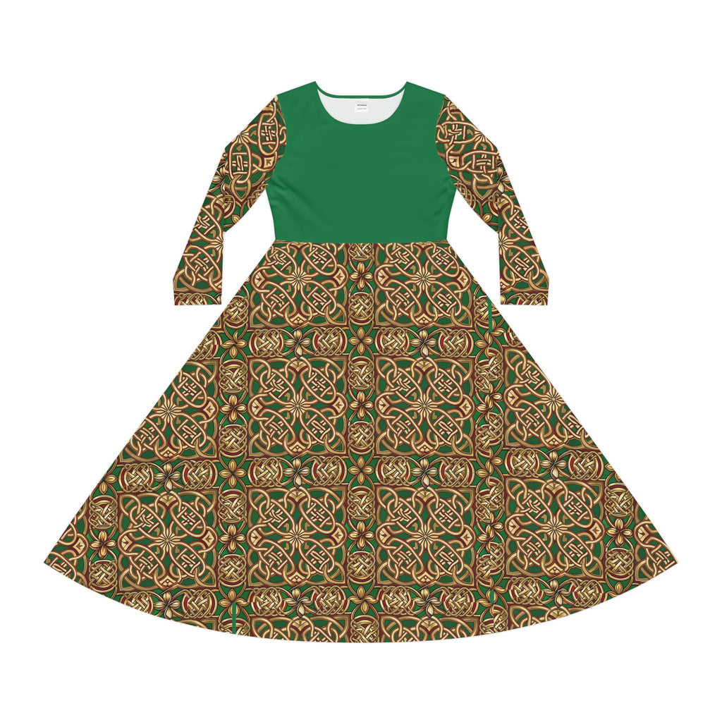 Green dress with Celtic intricate gold patterns on a white background