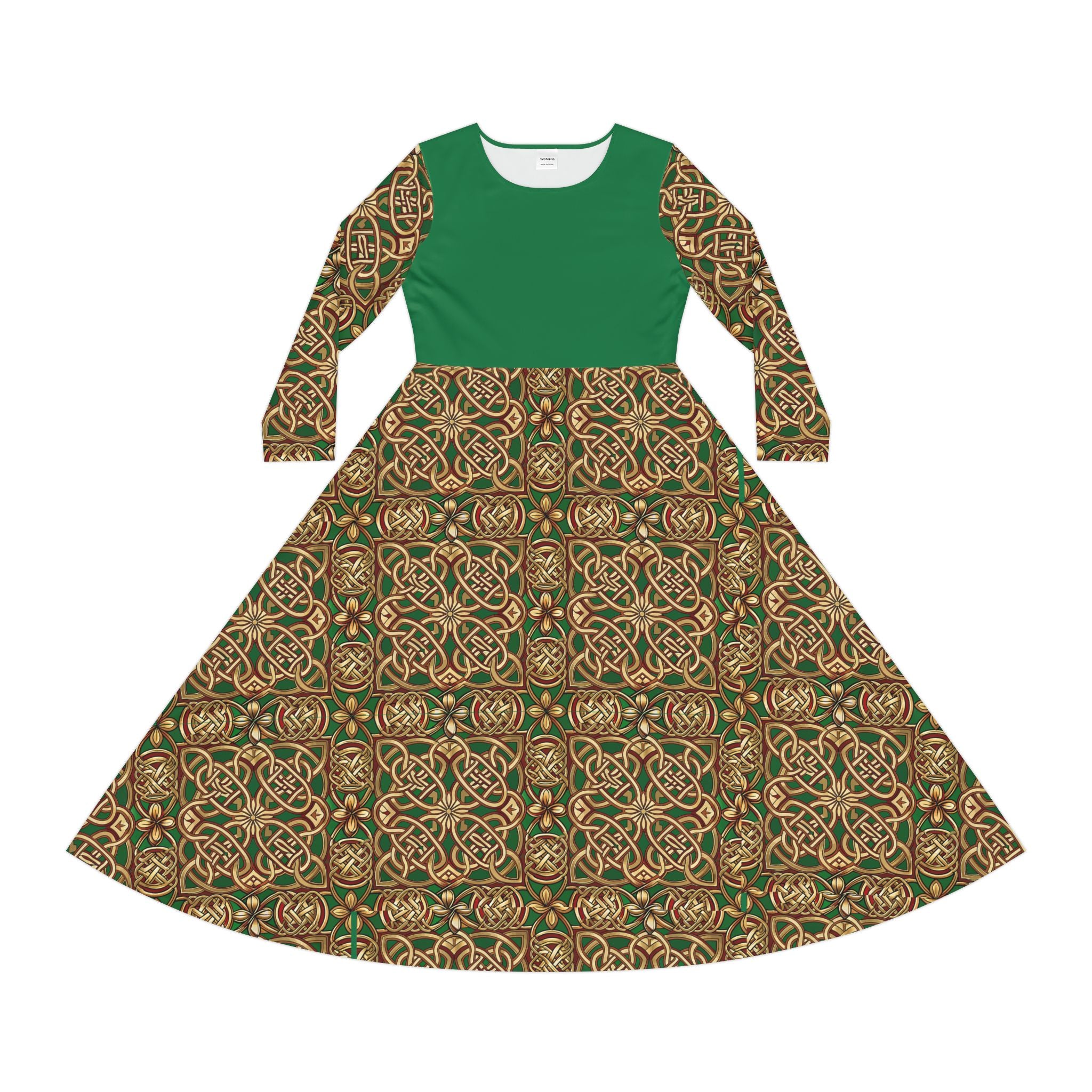 Celtic Knot Green Long-Sleeve Dress – Full-Skirt Celtic Knot Print
