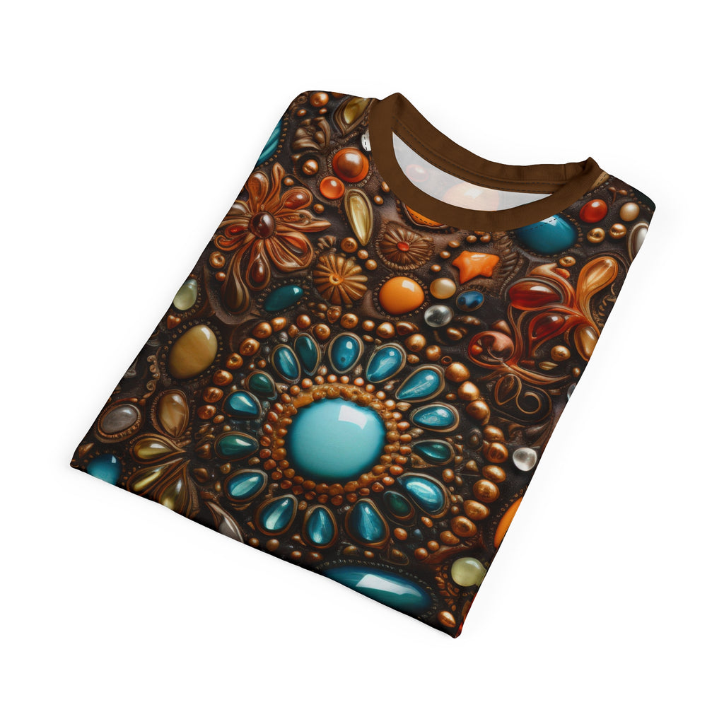 Folded Faux jewel toned t-shirt on white background.