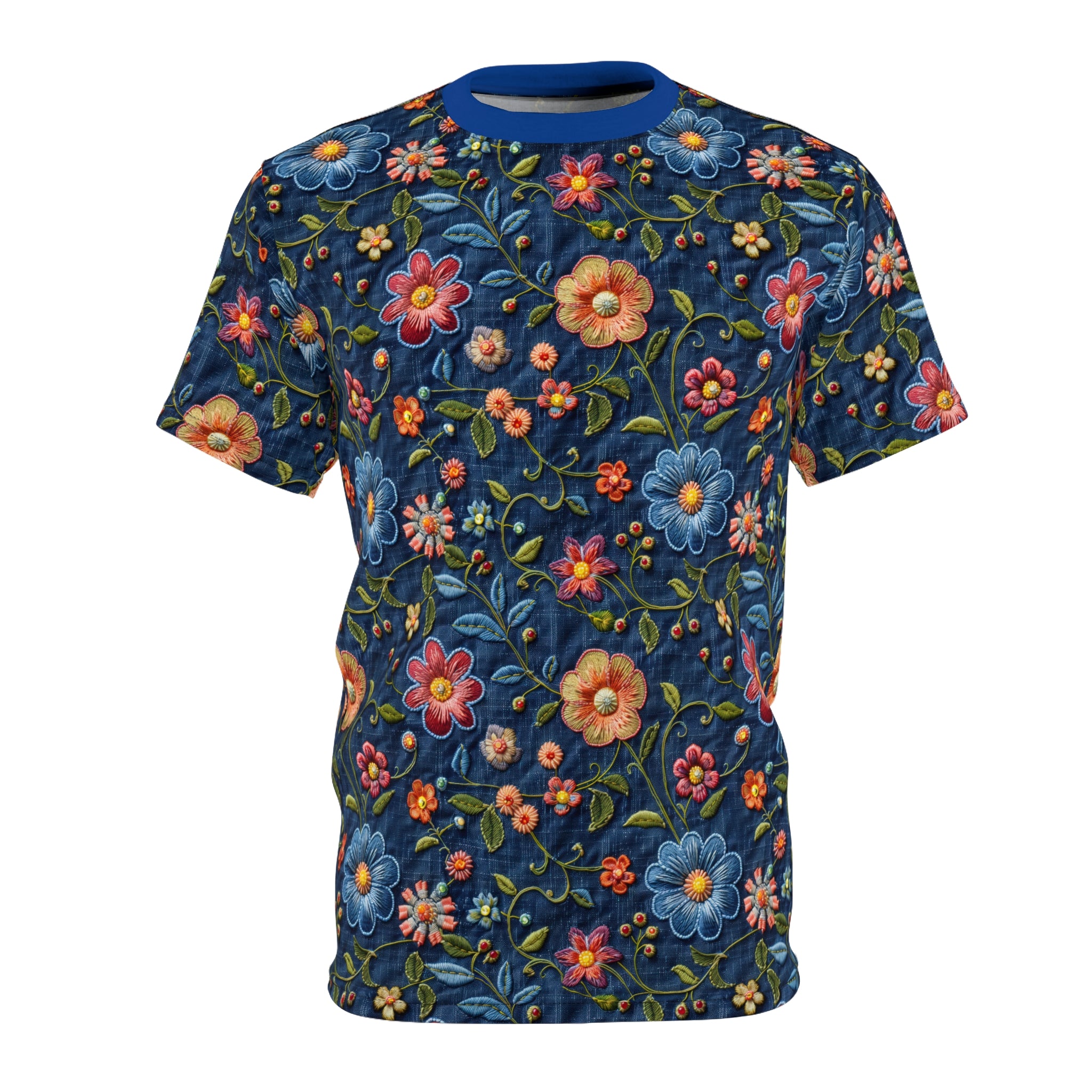 Floral patterned t-shirt on a navy background