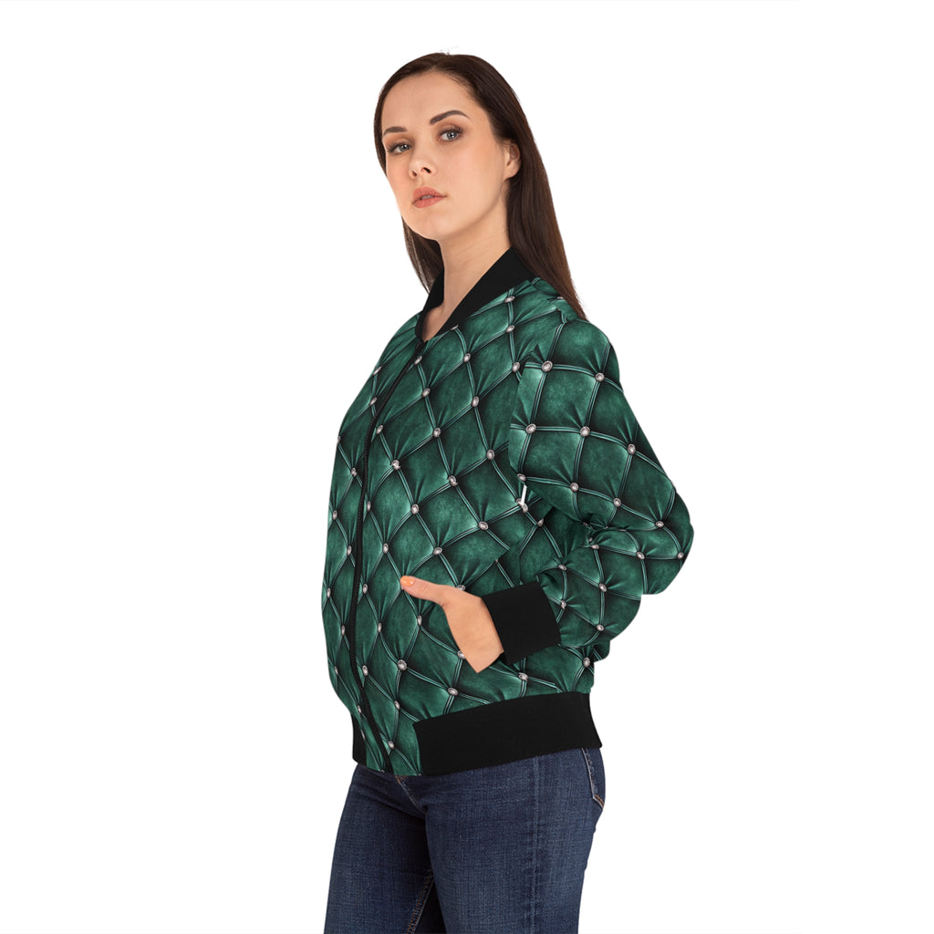 Model wearing a green faux tufted bomber jacket on a white background.