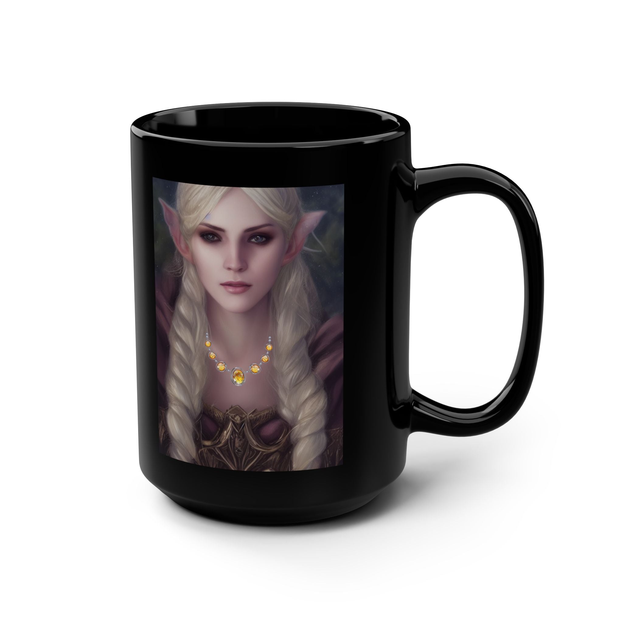 Black mug with an elf princess design