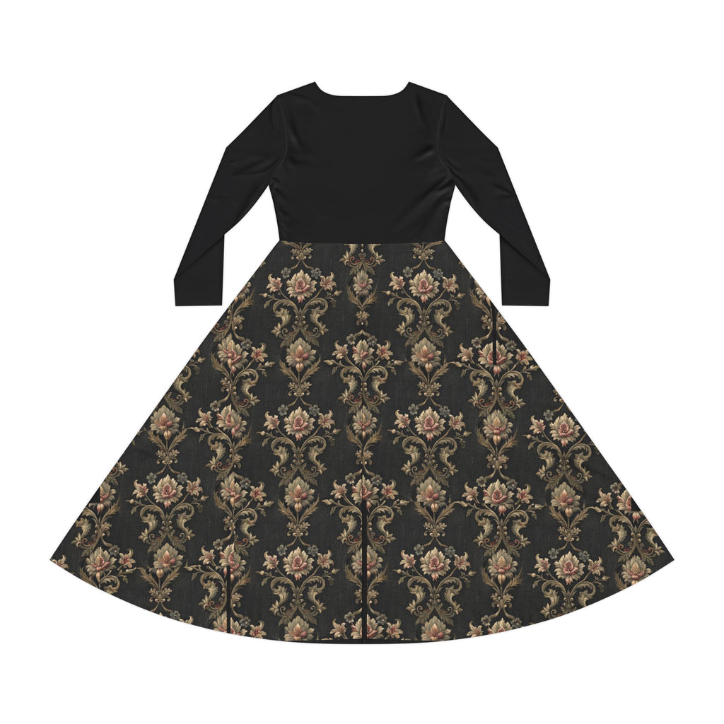 Black Victorian print dress on a white background