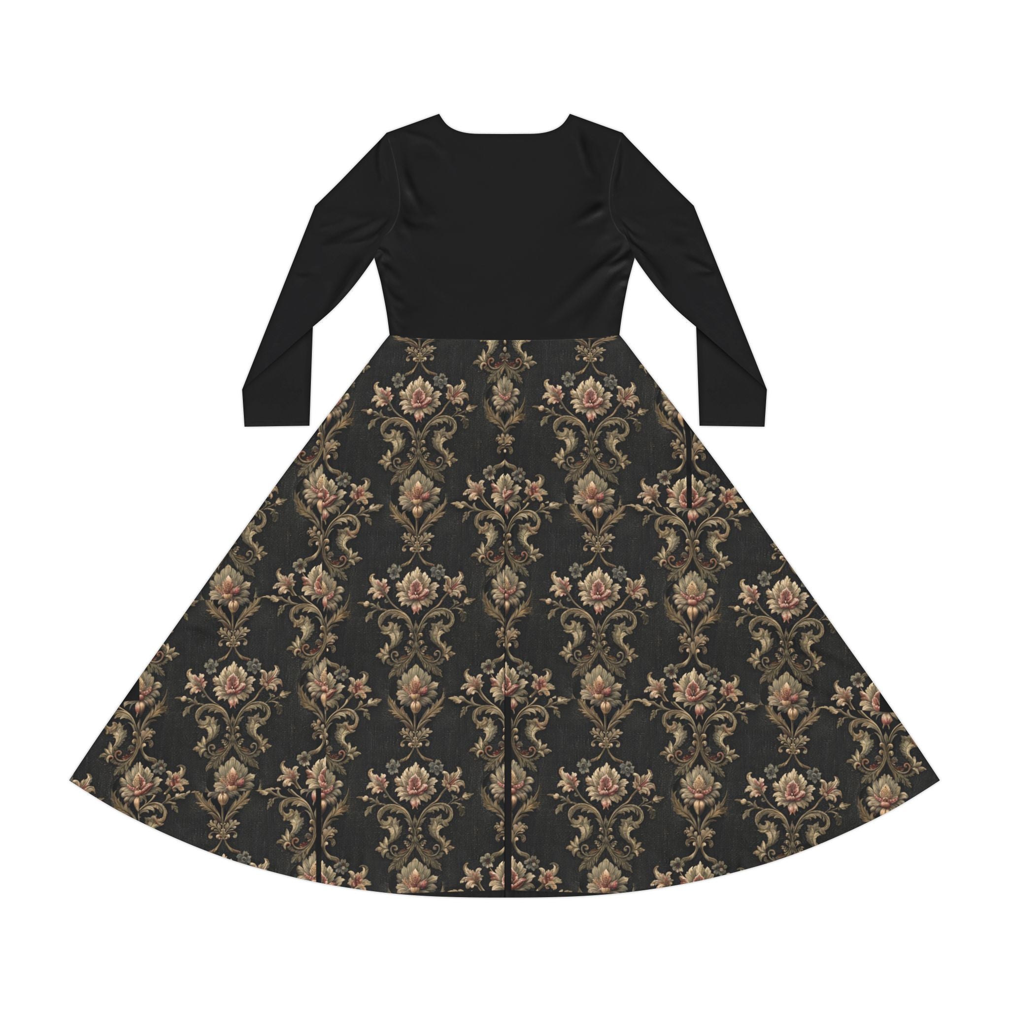 Black Victorian print dress on a white background