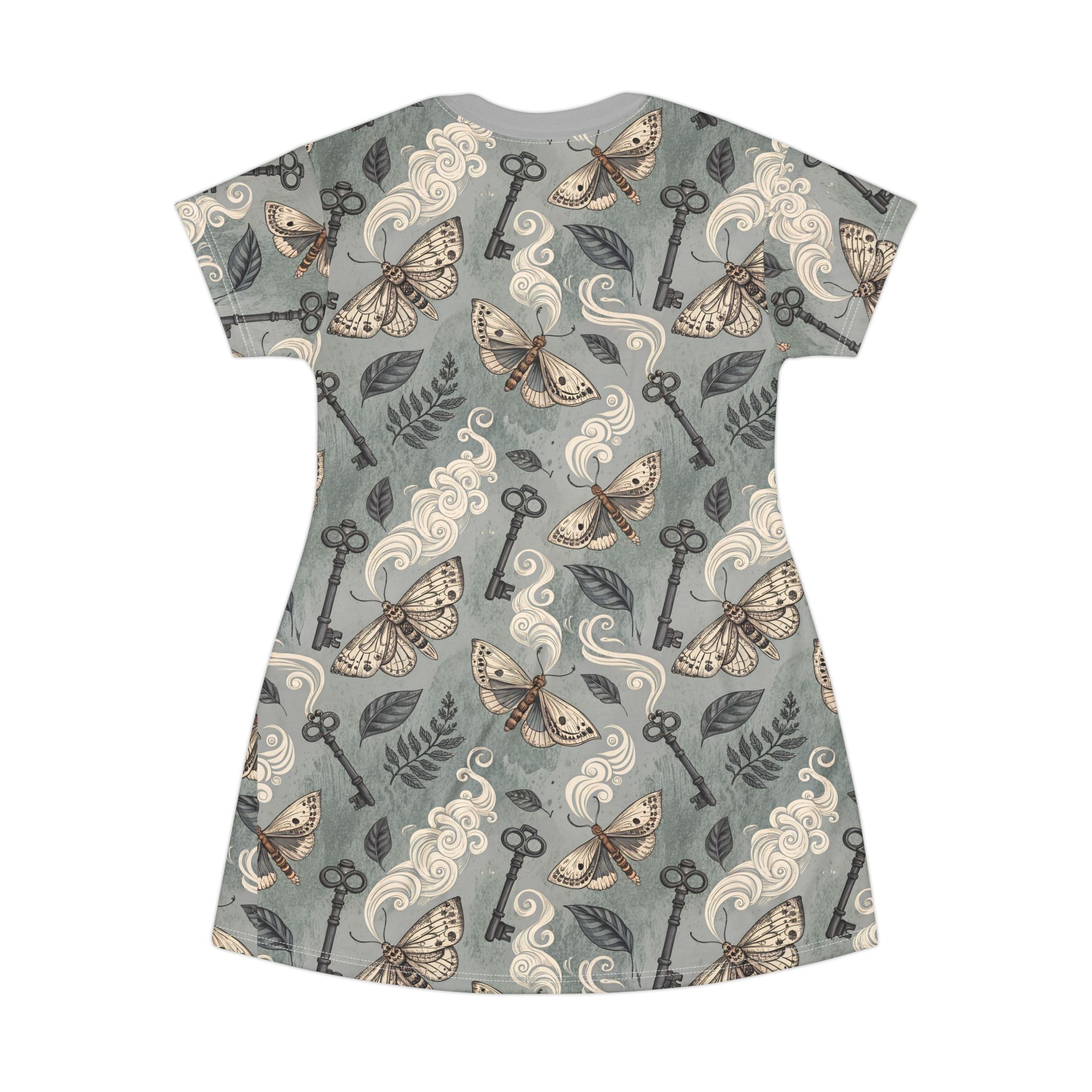 Dress with moth and key pattern on a gray background
