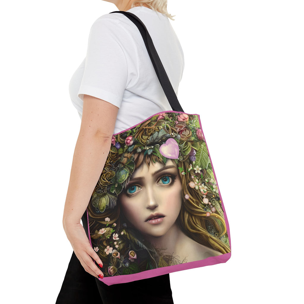 Tote bag with a design of a woman's face surrounded by flowers and leaves