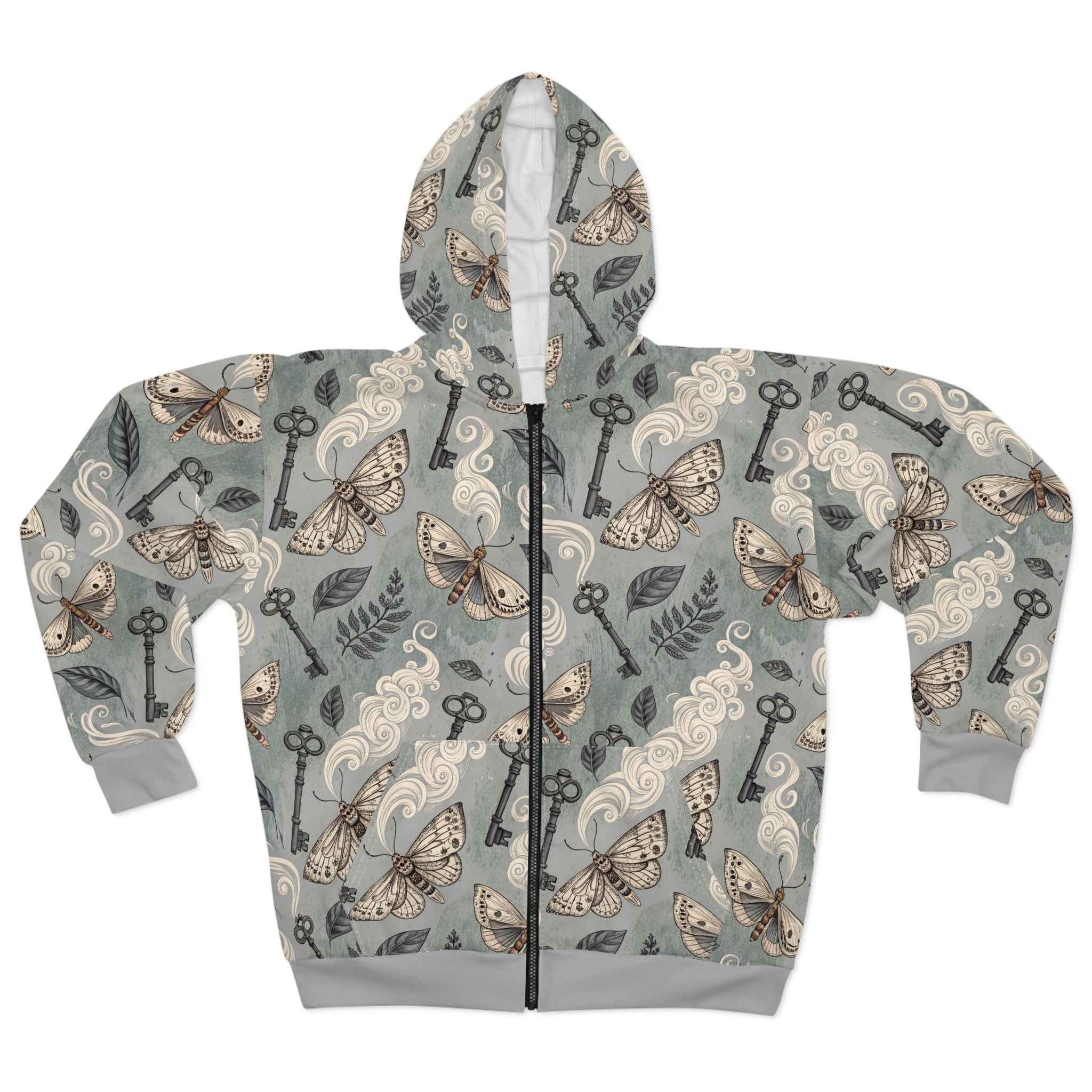 Moth & Vintage Key All-Over Print Zip Hoodie — Botanical Gothic Streetwear