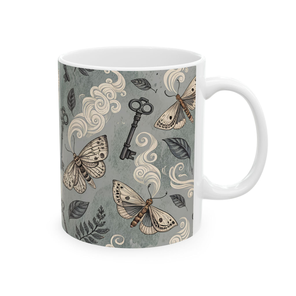 Mug with decorative design of moths, keys, and leaves on a gray background