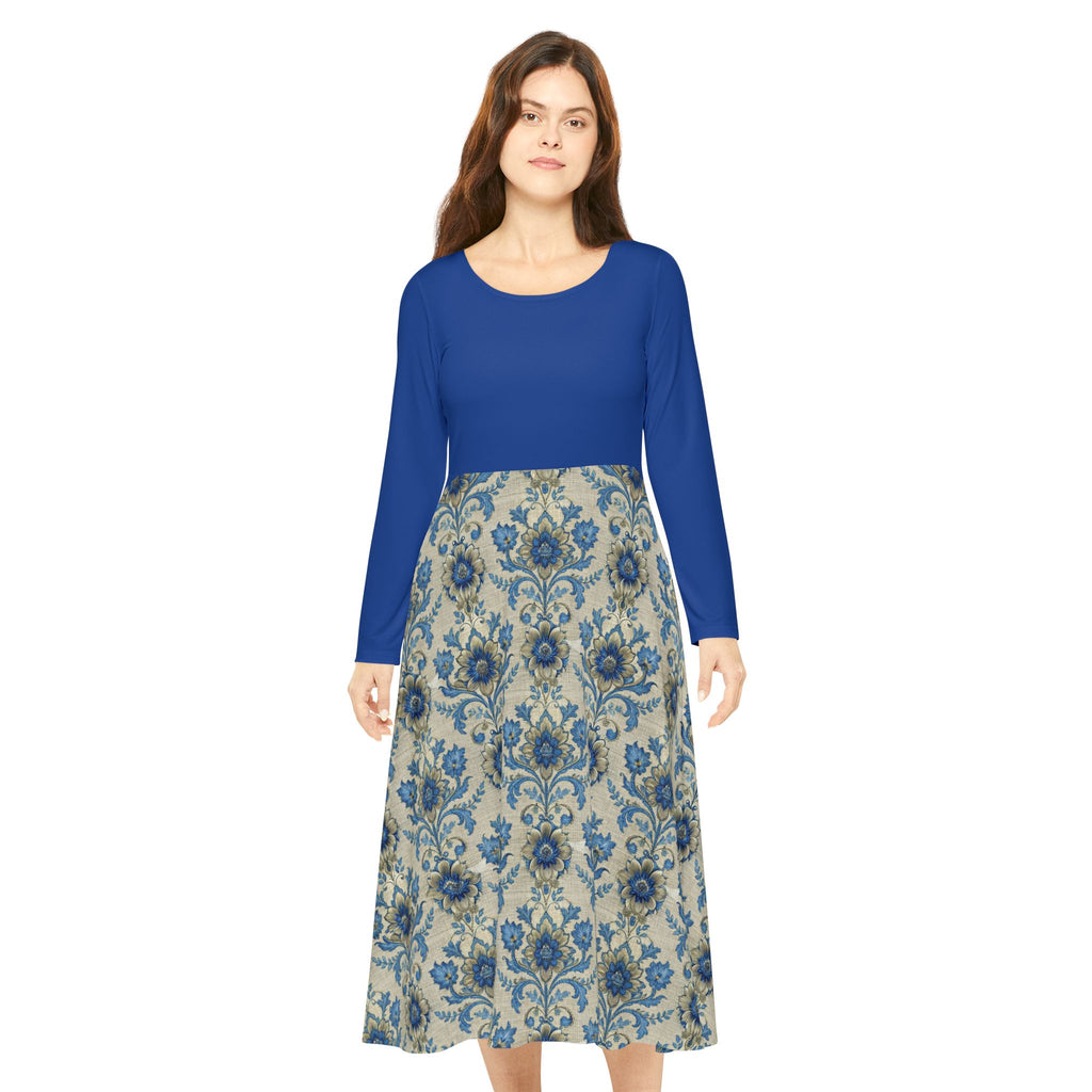 Model wearing a blue Victorian print dress on a white background