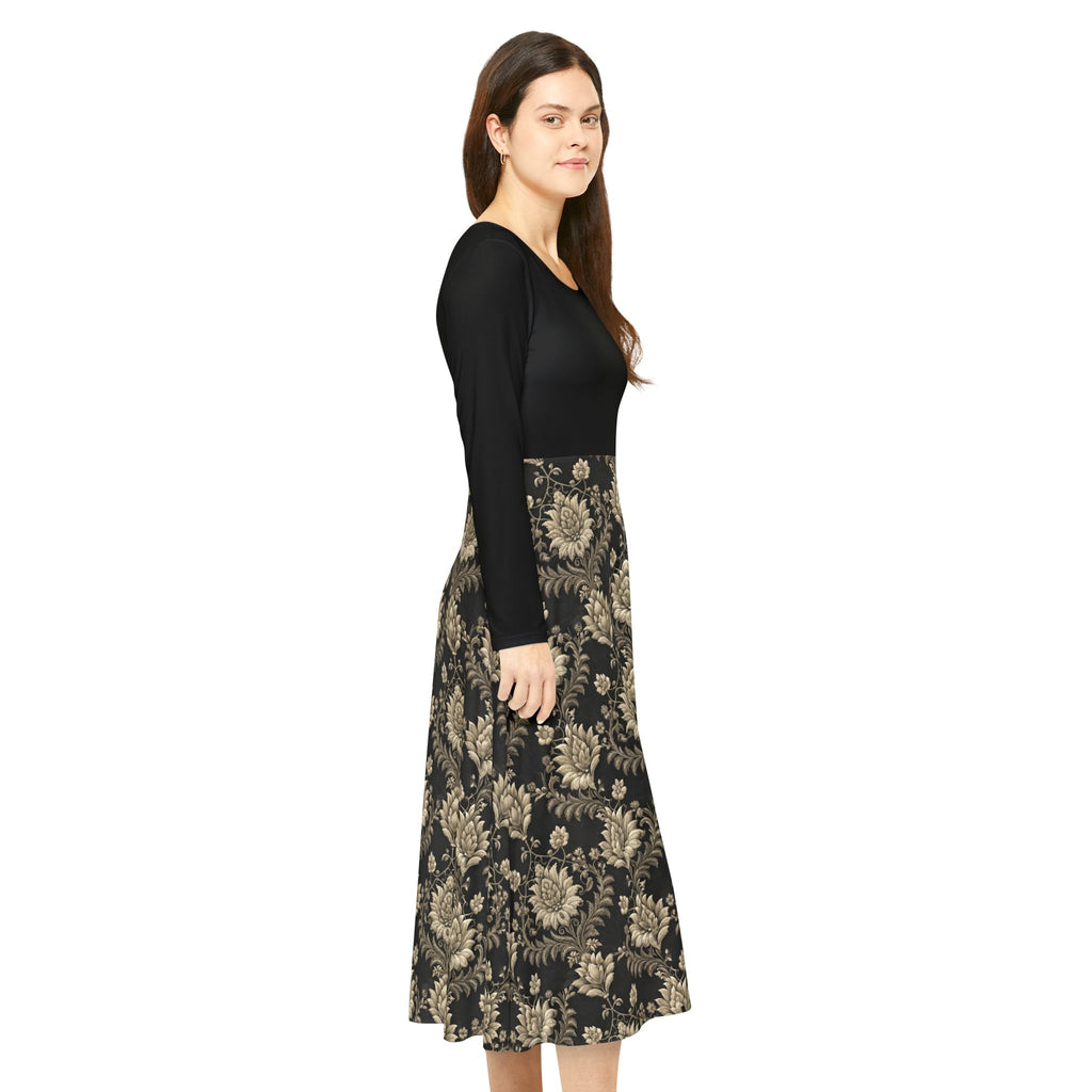 Model wearing a black Victorian print dress on a white background