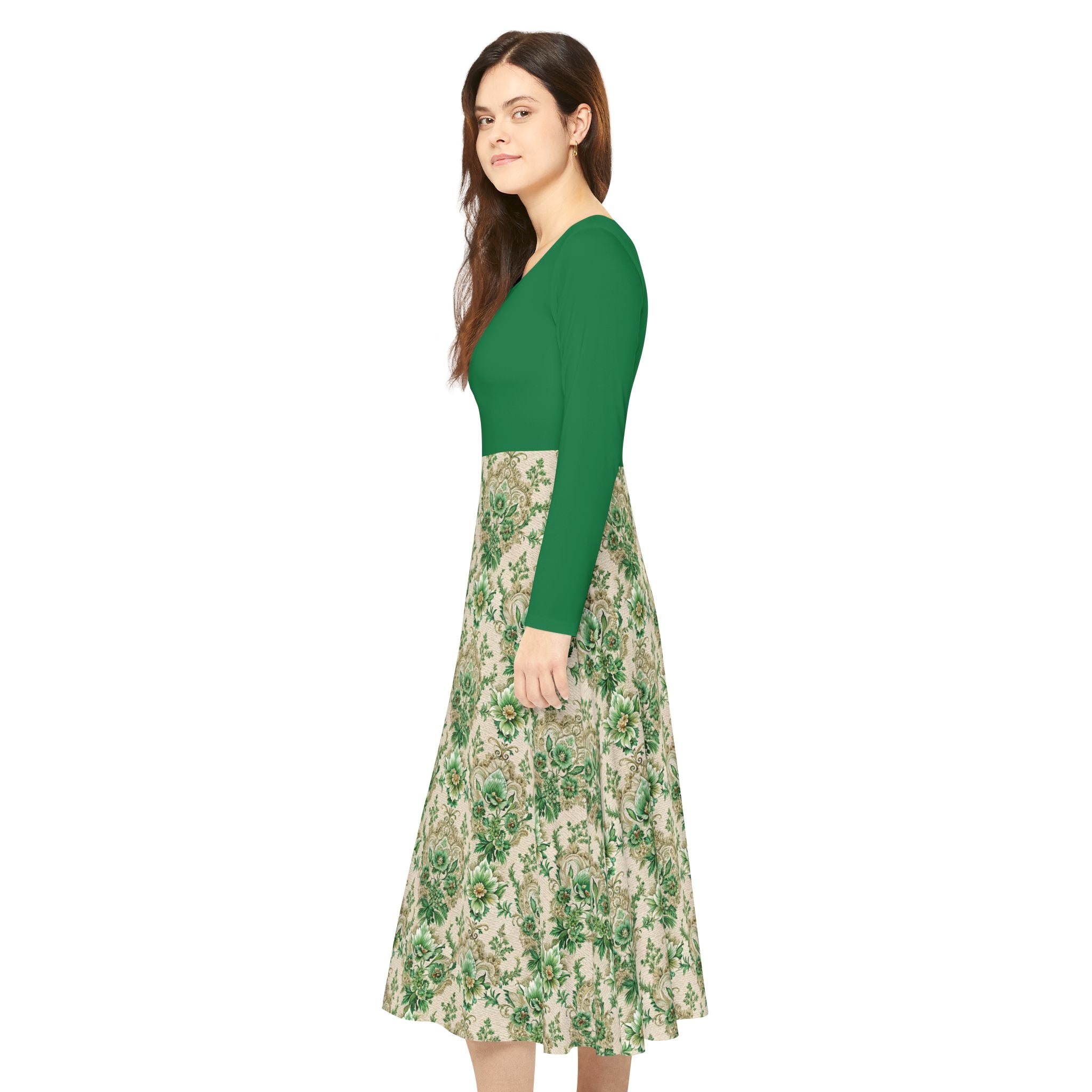 Model wearing a Green Victorian print dress on a white background