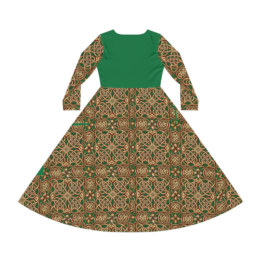 Green dress with Celtic intricate gold patterns on a white background